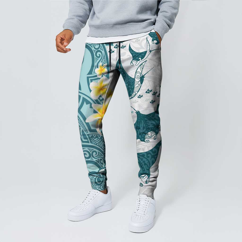 Maori Manta Ray Plumeria Teal Jogger Pants - Aussie Hoodie