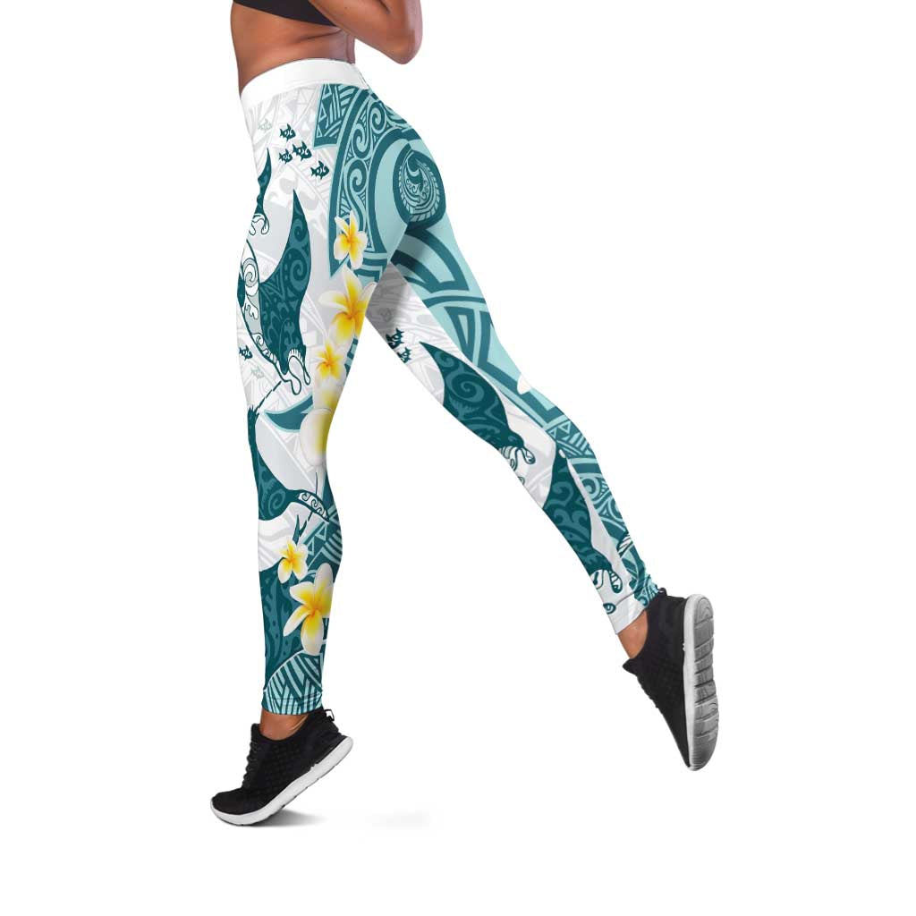 Maori Manta Ray Plumeria Teal Leggings - Aussie Hoodie