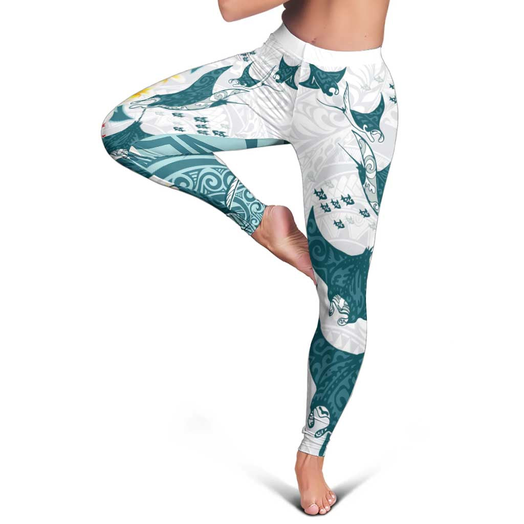 Maori Manta Ray Plumeria Teal Leggings - Aussie Hoodie