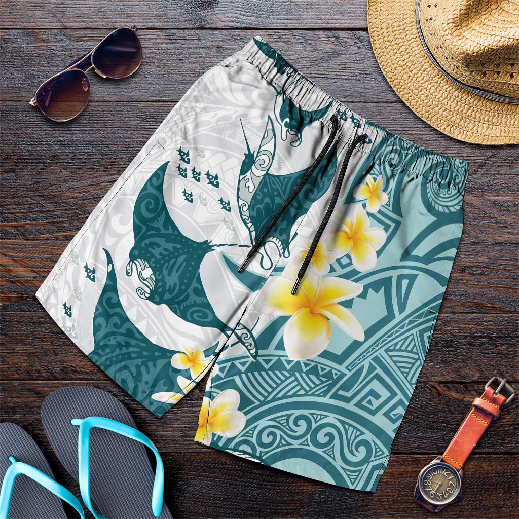 Maori Manta Ray Plumeria Teal Shorts for Men - Aussie Hoodie