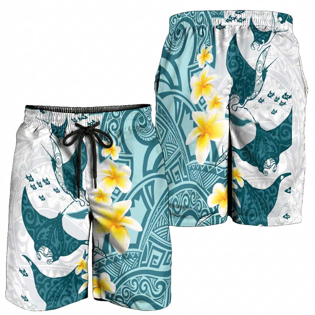 Maori Manta Ray Plumeria Teal Shorts for Men - Aussie Hoodie