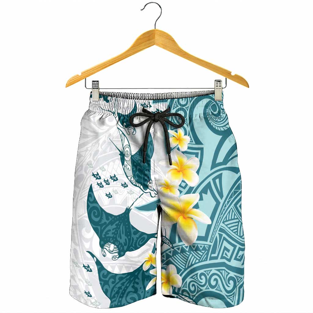 Maori Manta Ray Plumeria Teal Shorts for Men - Aussie Hoodie