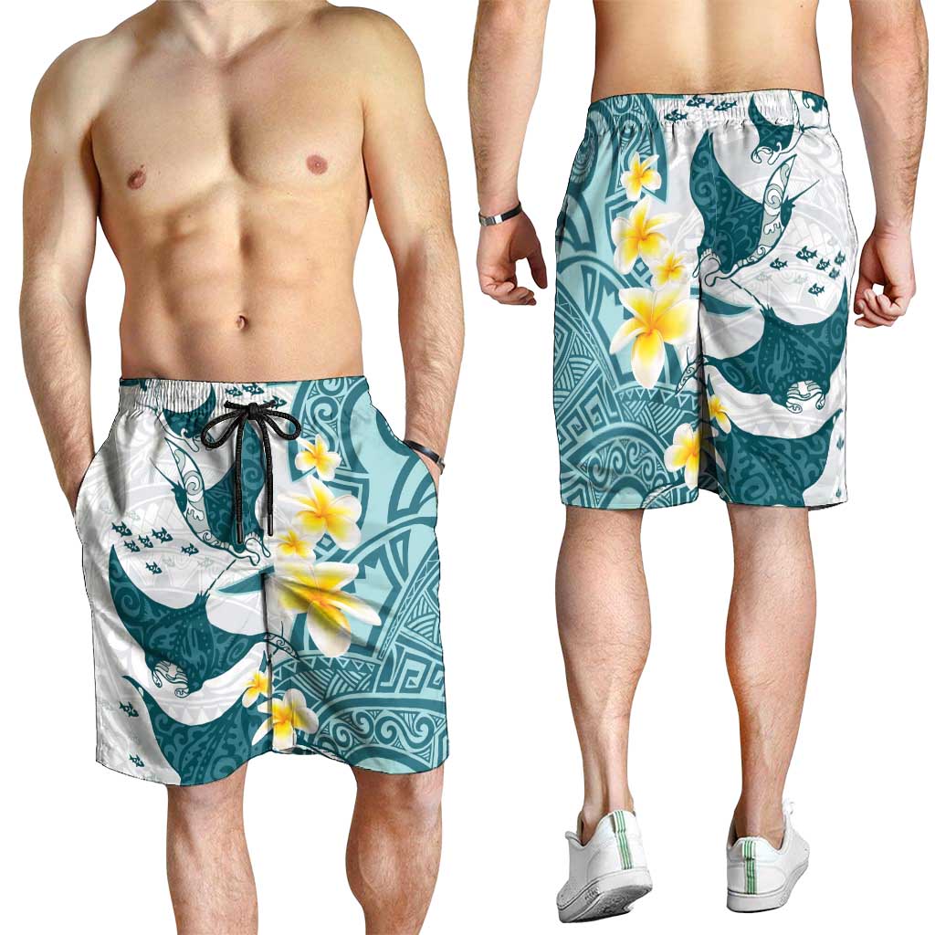 Maori Manta Ray Plumeria Teal Shorts for Men - Aussie Hoodie