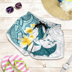 Maori Manta Ray Plumeria Teal Shorts for Women - Aussie Hoodie