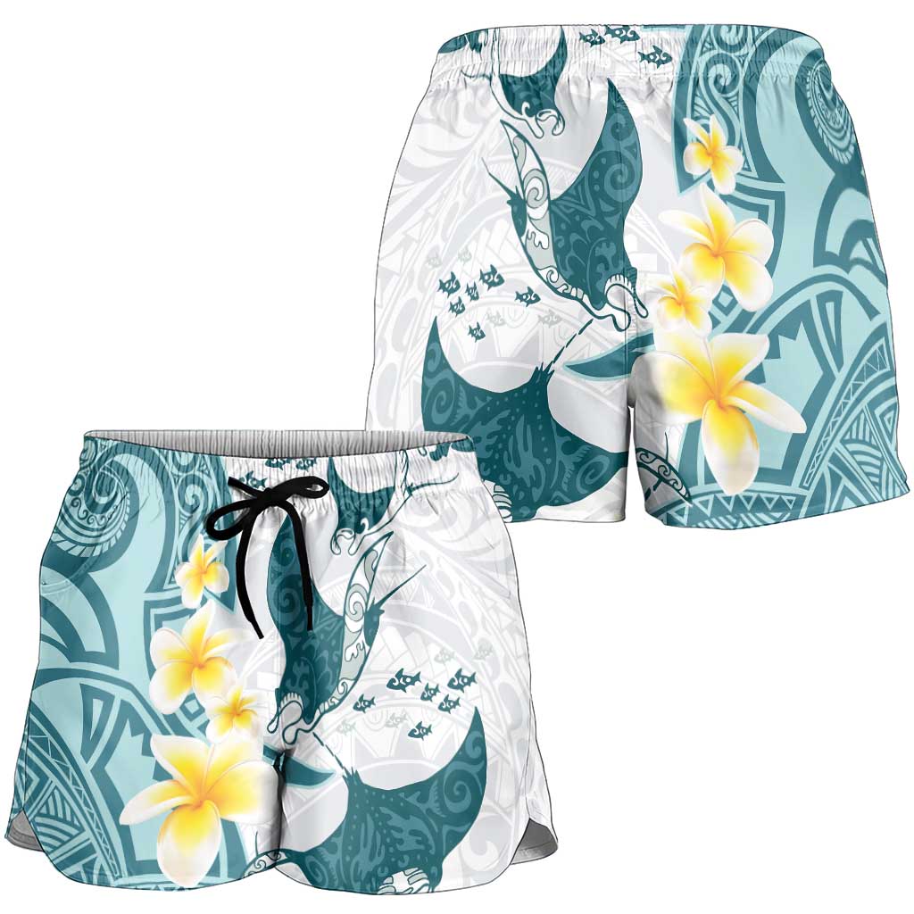 Maori Manta Ray Plumeria Teal Shorts for Women - Aussie Hoodie