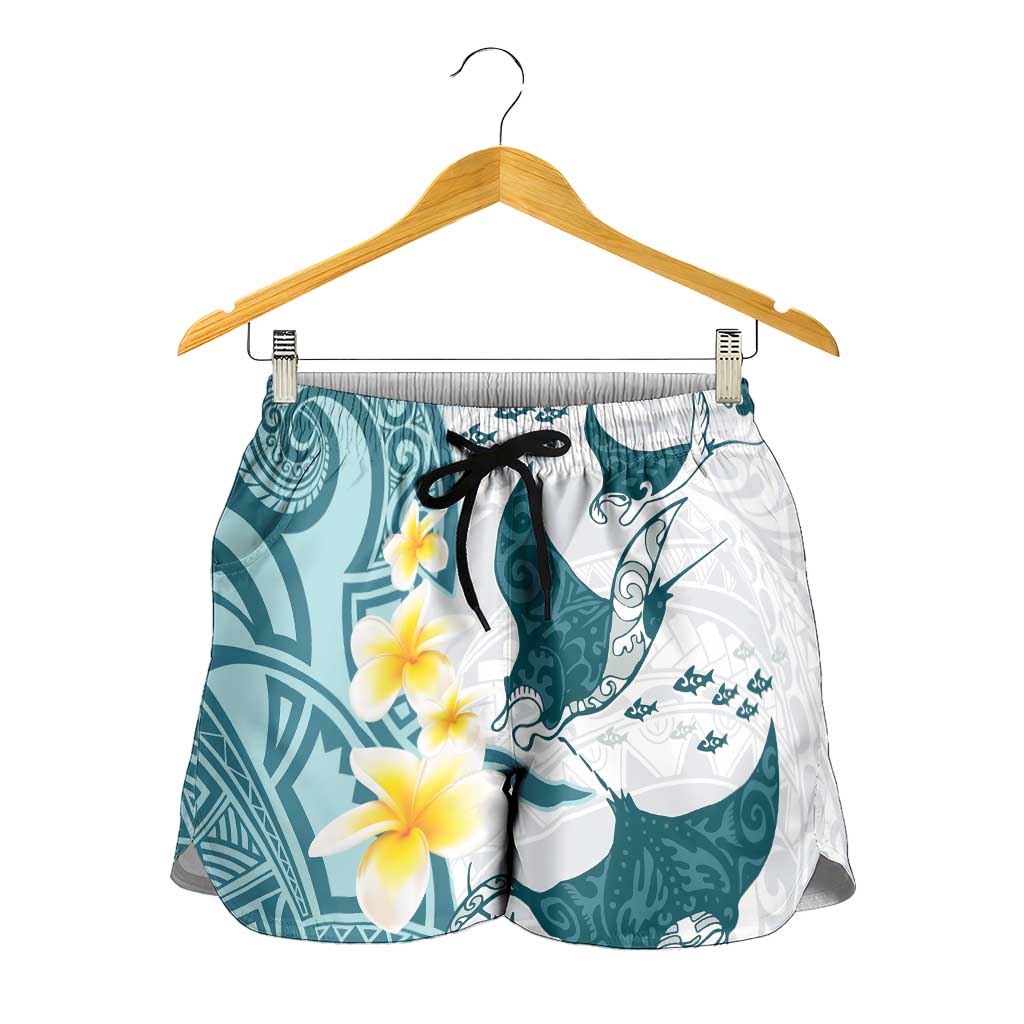 Maori Manta Ray Plumeria Teal Shorts for Women - Aussie Hoodie