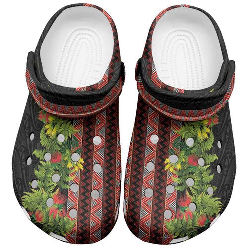 Maori Tukutuku Clogs Shoes with Ferns Pohutukawa and Kowhai Tribal Moko Patterns
