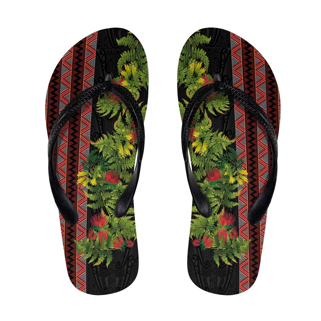 Maori Tukutuku Flip Flops with Ferns Pohutukawa and Kowhai Tribal Moko Patterns
