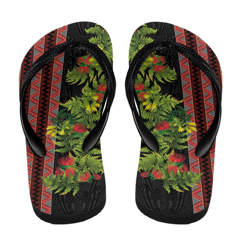 Maori Tukutuku Flip Flops with Ferns Pohutukawa and Kowhai Tribal Moko Patterns