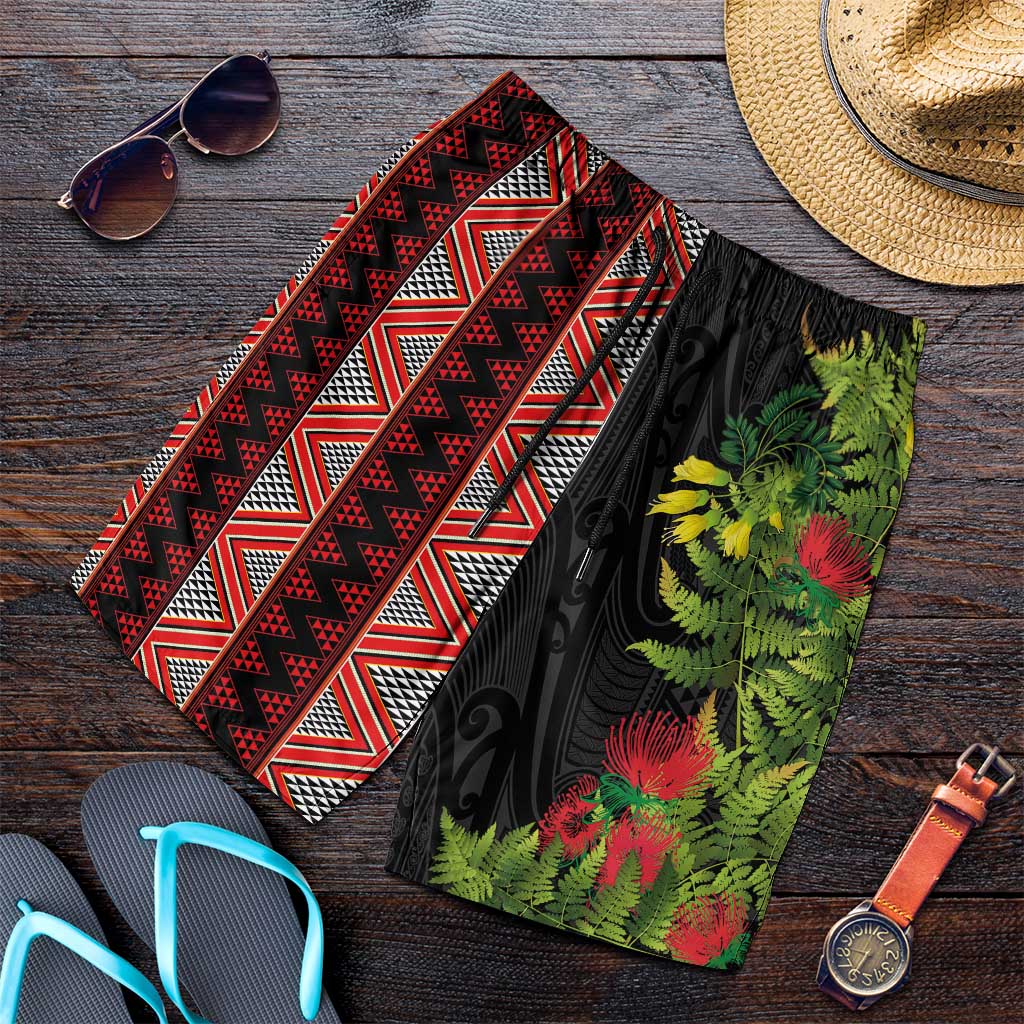 Maori Tukutuku Shorts for Men with Ferns Pohutukawa and Kowhai Tribal Moko Patterns