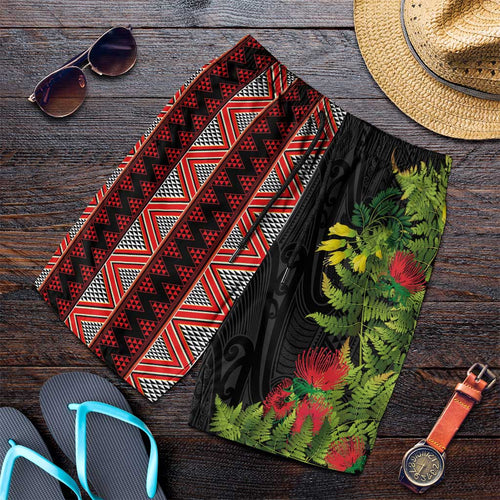 Maori Tukutuku Shorts for Men with Ferns Pohutukawa and Kowhai Tribal Moko Patterns