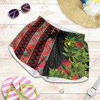 Maori Tukutuku Shorts for Women with Ferns Pohutukawa and Kowhai Tribal Moko Patterns
