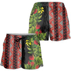 Maori Tukutuku Shorts for Women with Ferns Pohutukawa and Kowhai Tribal Moko Patterns