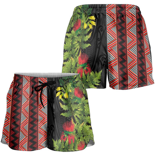 Maori Tukutuku Shorts for Women with Ferns Pohutukawa and Kowhai Tribal Moko Patterns