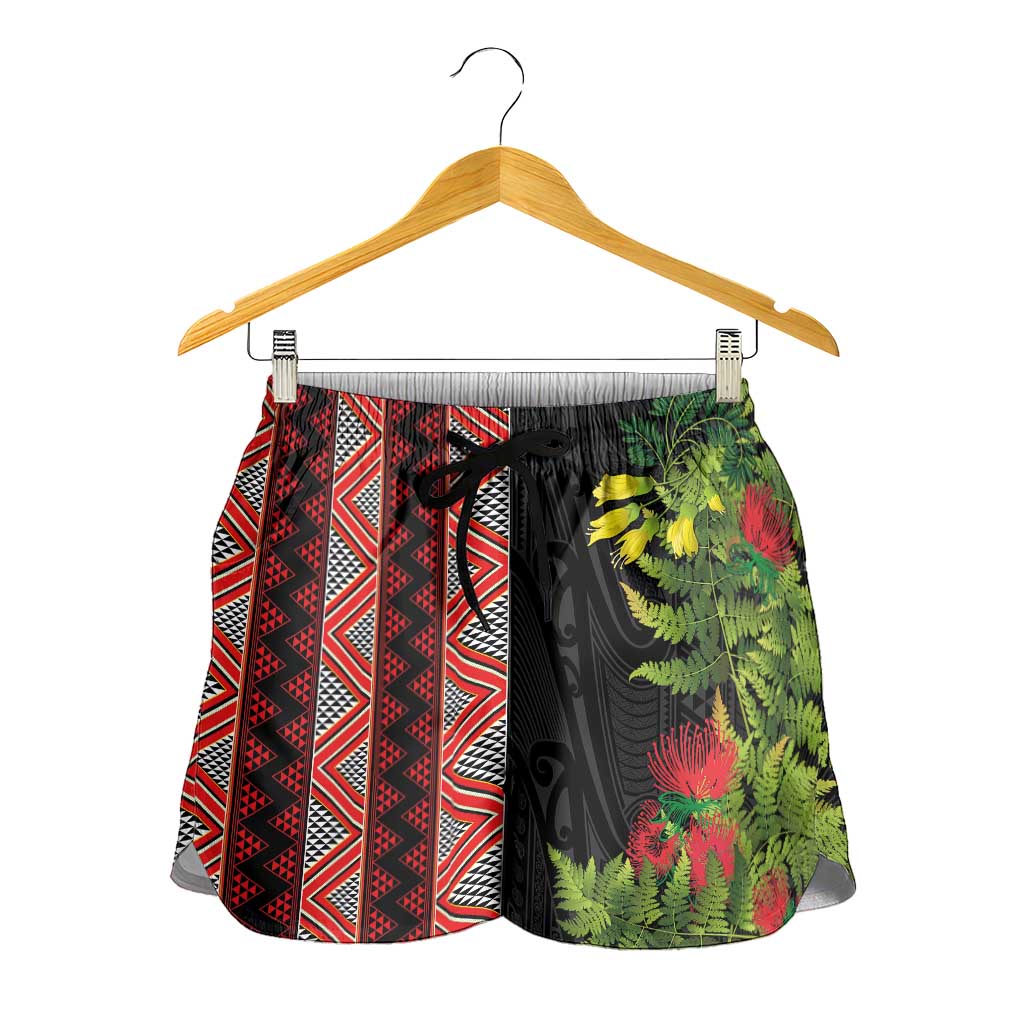 Maori Tukutuku Shorts for Women with Ferns Pohutukawa and Kowhai Tribal Moko Patterns