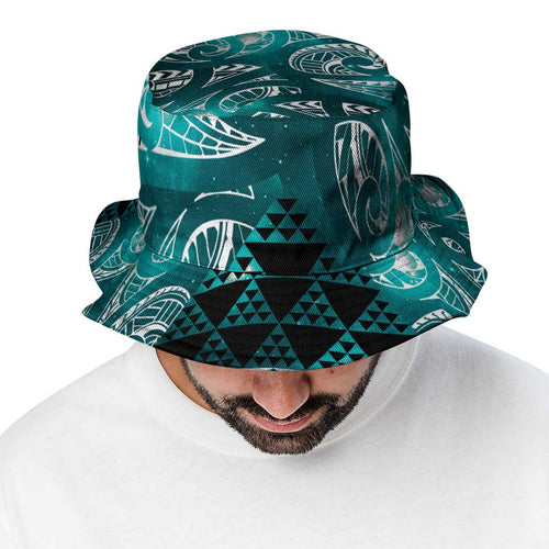 Matariki New Zealand Bucket Hat NZ Niho Taniwha Maori New Year Cyan Galaxy
