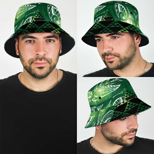 Matariki New Zealand Bucket Hat NZ Niho Taniwha Maori New Year Green Galaxy