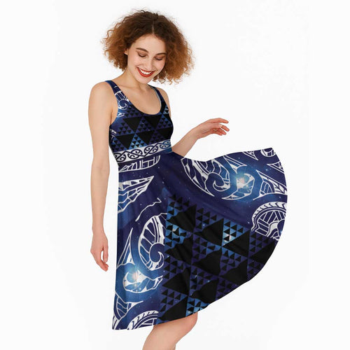 Matariki New Zealand Midi Dress NZ Niho Taniwha Maori New Year Blue Galaxy