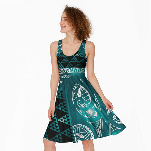 Matariki New Zealand Midi Dress NZ Niho Taniwha Maori New Year Cyan Galaxy