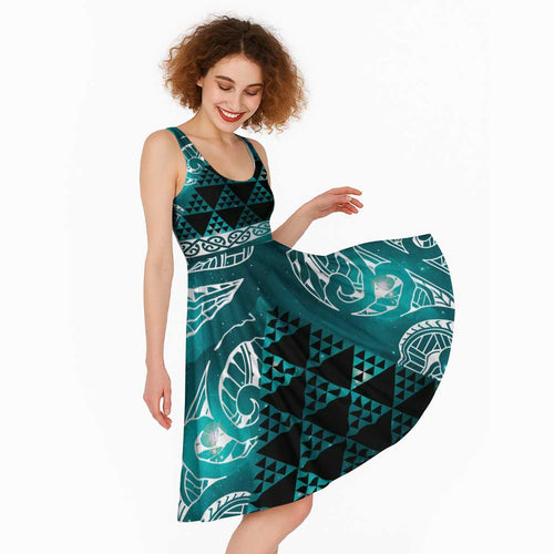 Matariki New Zealand Midi Dress NZ Niho Taniwha Maori New Year Cyan Galaxy