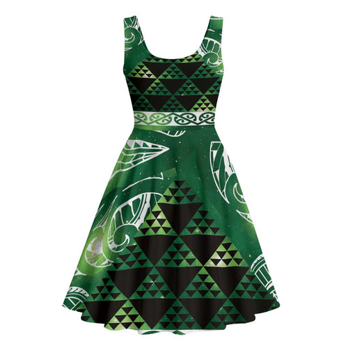 Matariki New Zealand Midi Dress NZ Niho Taniwha Maori New Year Green Galaxy