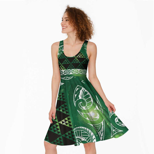 Matariki New Zealand Midi Dress NZ Niho Taniwha Maori New Year Green Galaxy