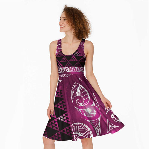 Matariki New Zealand Midi Dress NZ Niho Taniwha Maori New Year Pink Galaxy