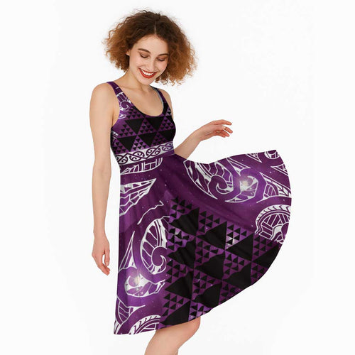 Matariki New Zealand Midi Dress NZ Niho Taniwha Maori New Year Purple Galaxy