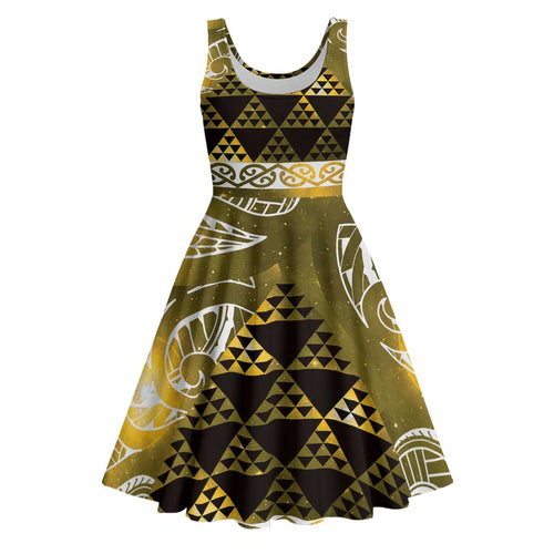 Matariki New Zealand Midi Dress NZ Niho Taniwha Maori New Year Yellow Galaxy