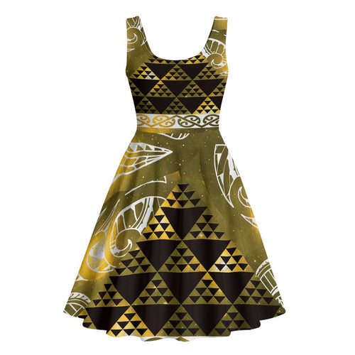 Matariki New Zealand Midi Dress NZ Niho Taniwha Maori New Year Yellow Galaxy