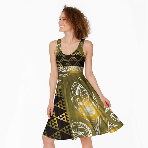 Matariki New Zealand Midi Dress NZ Niho Taniwha Maori New Year Yellow Galaxy