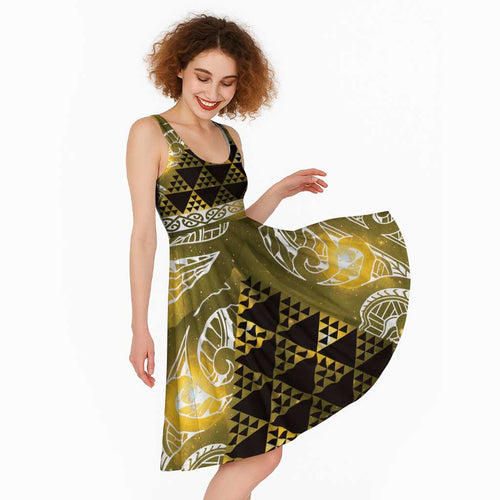 Matariki New Zealand Midi Dress NZ Niho Taniwha Maori New Year Yellow Galaxy