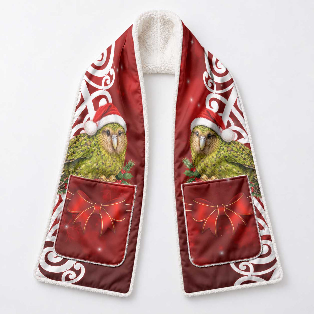 Meri Kirihimete New Zealand Kakapo Santa Pocket Scarf Aotearoa Maori Pattern