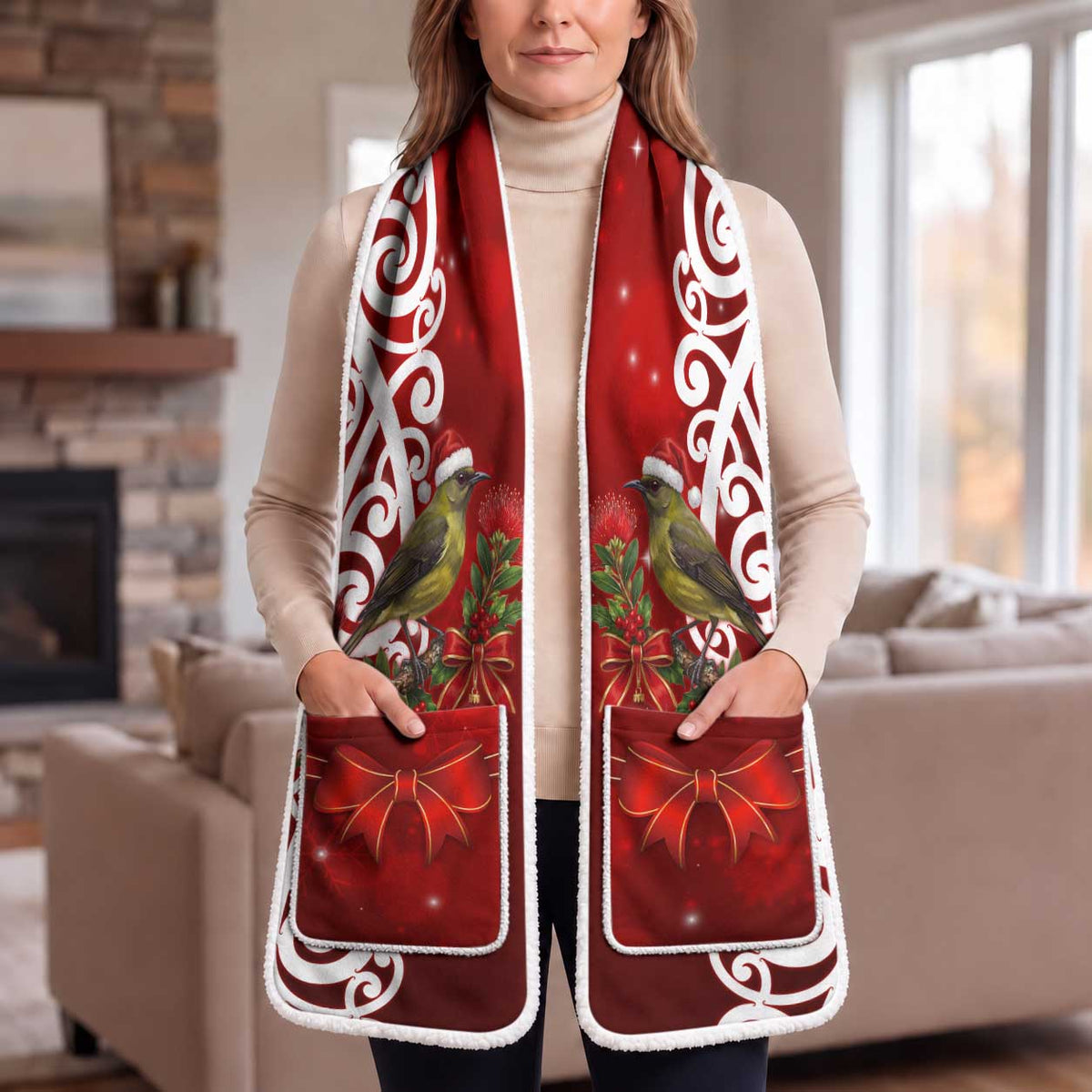 Meri Kirihimete New Zealand Korimako Santa Pocket Scarf Pohutukawa Aotearoa Maori Pattern