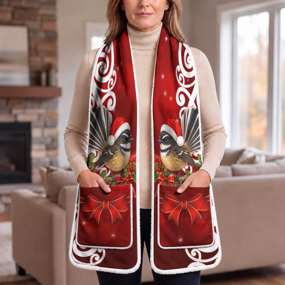 Meri Kirihimete New Zealand Piwakawaka Santa Pocket Scarf Pohutukawa Aotearoa Maori Pattern
