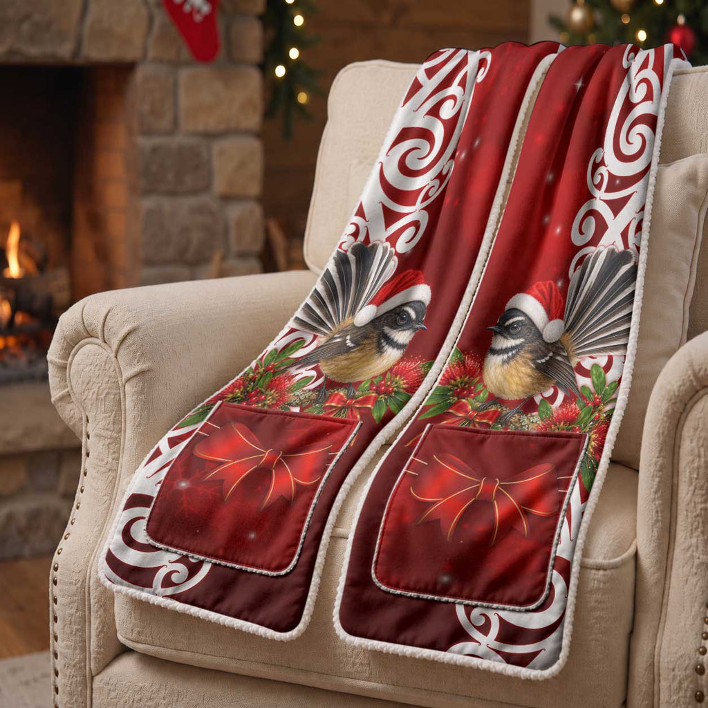 Meri Kirihimete New Zealand Piwakawaka Santa Pocket Scarf Pohutukawa Aotearoa Maori Pattern