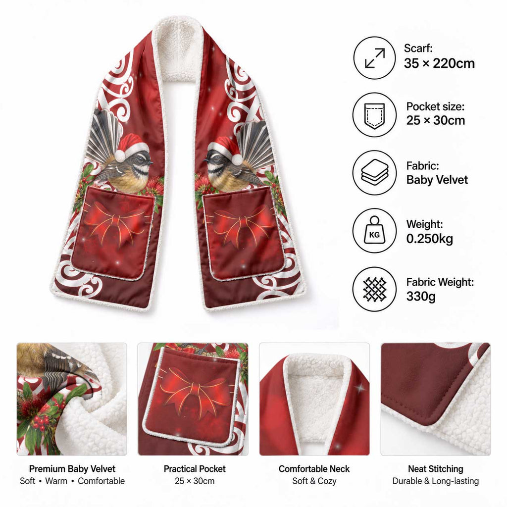 Meri Kirihimete New Zealand Piwakawaka Santa Pocket Scarf Pohutukawa Aotearoa Maori Pattern