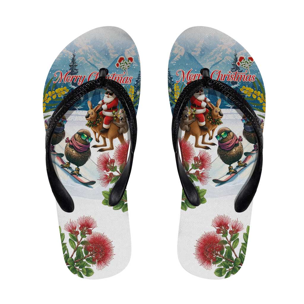 New Zealand and Australia Merry Christmas Flip Flops Kiwi Birds Skiing and Koala Santa Riding Kangaroo