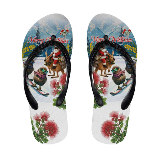 New Zealand and Australia Merry Christmas Flip Flops Kiwi Birds Skiing and Koala Santa Riding Kangaroo