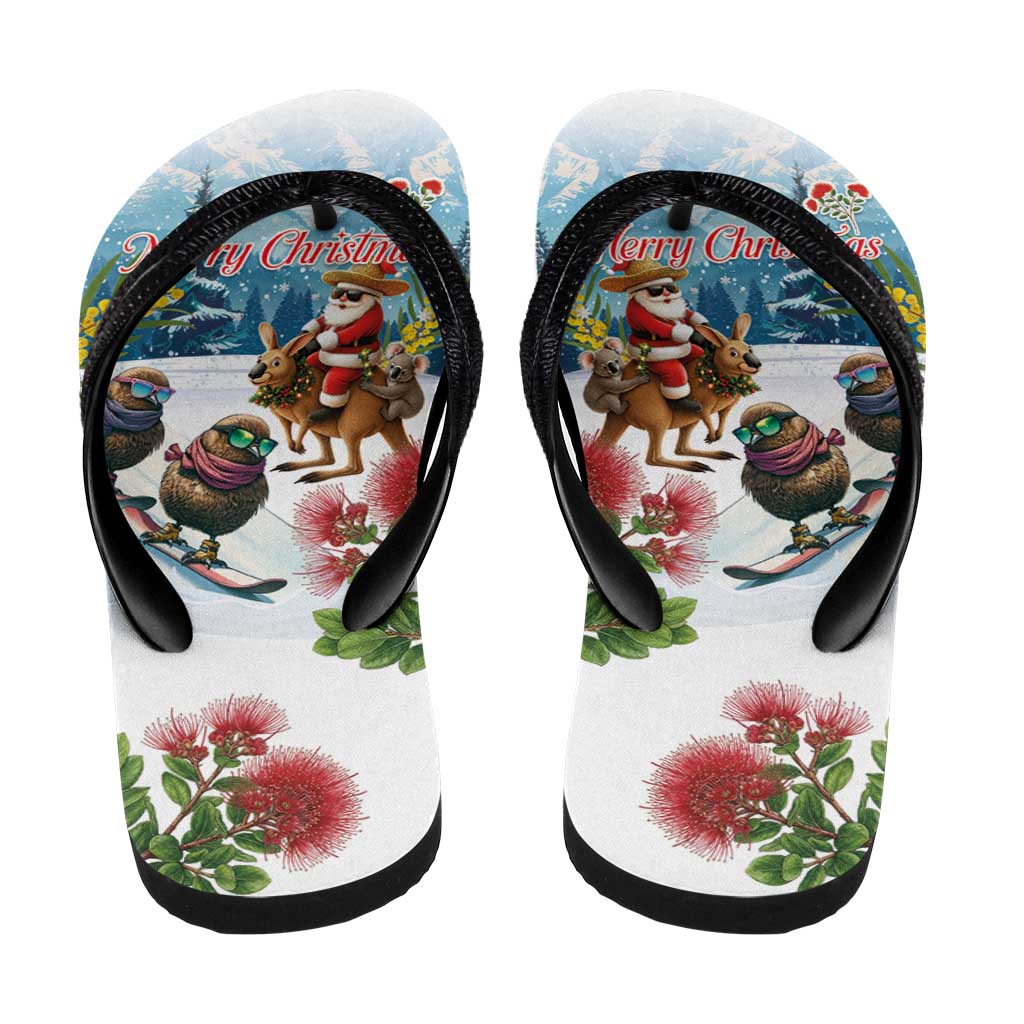 New Zealand and Australia Merry Christmas Flip Flops Kiwi Birds Skiing and Koala Santa Riding Kangaroo