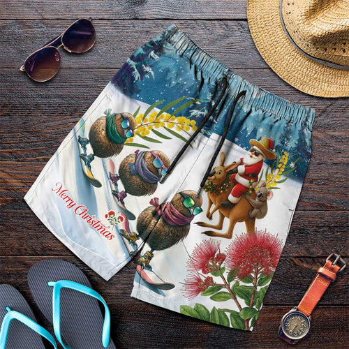 New Zealand and Australia Merry Christmas Shorts for Men Kiwi Birds Skiing and Koala Santa Riding Kangaroo