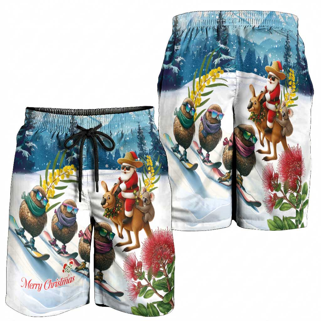 New Zealand and Australia Merry Christmas Shorts for Men Kiwi Birds Skiing and Koala Santa Riding Kangaroo
