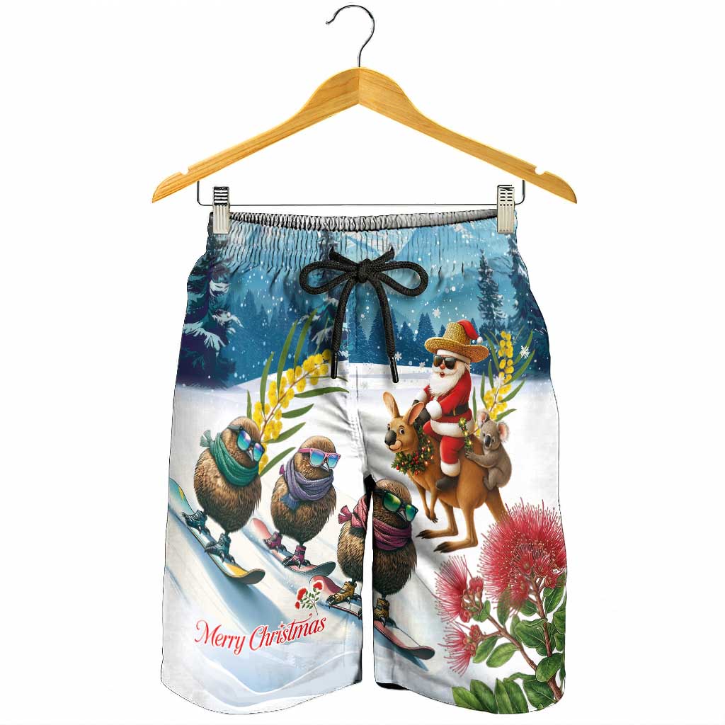 New Zealand and Australia Merry Christmas Shorts for Men Kiwi Birds Skiing and Koala Santa Riding Kangaroo
