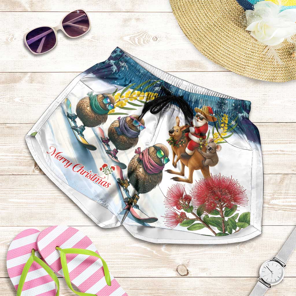 New Zealand and Australia Merry Christmas Shorts for Women Kiwi Birds Skiing and Koala Santa Riding Kangaroo