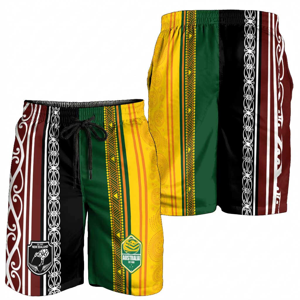 New Zealand and Australia Rugby Shorts for Men Burgundy Koru Geometric with Aboriginal Chevron Sport Style