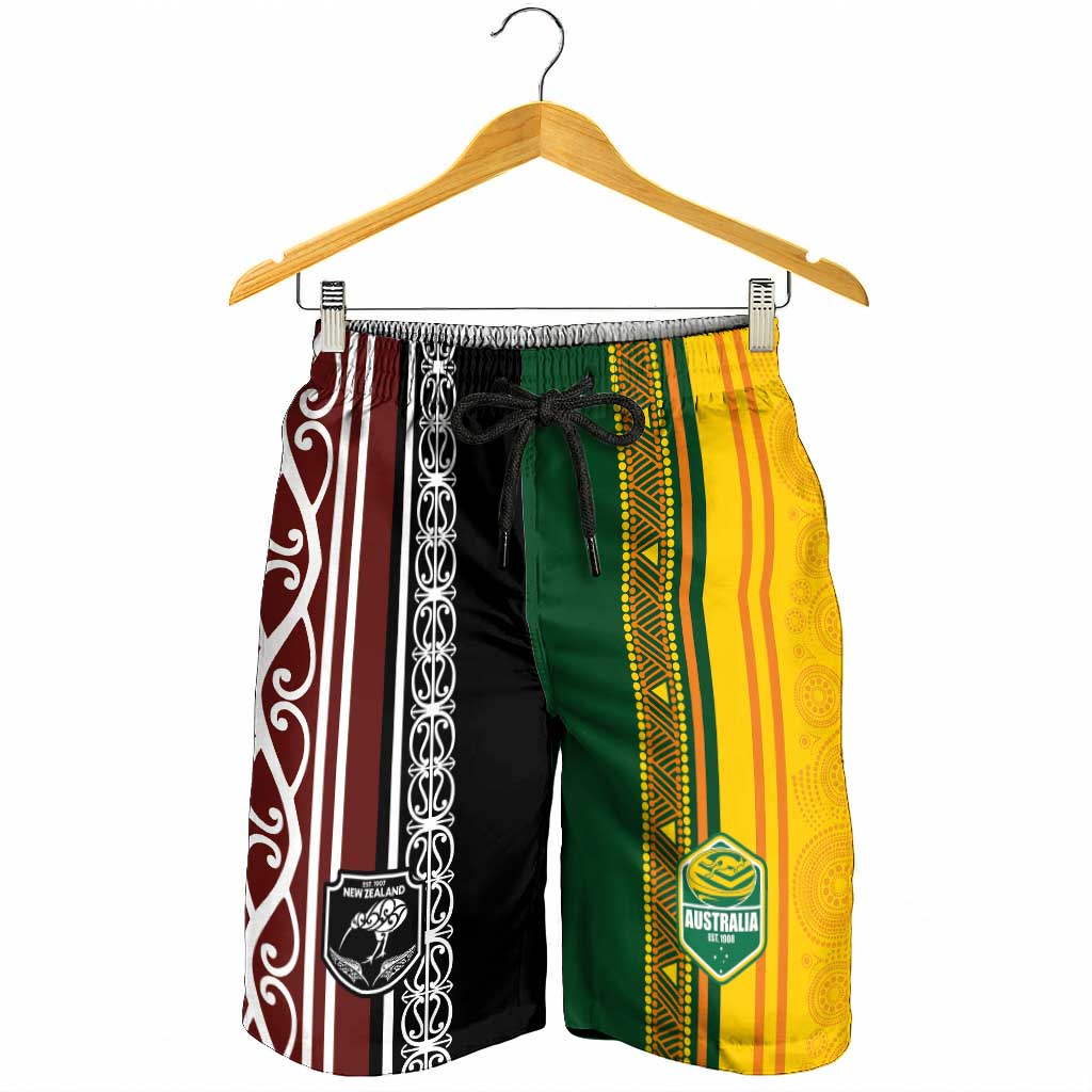 New Zealand and Australia Rugby Shorts for Men Burgundy Koru Geometric with Aboriginal Chevron Sport Style