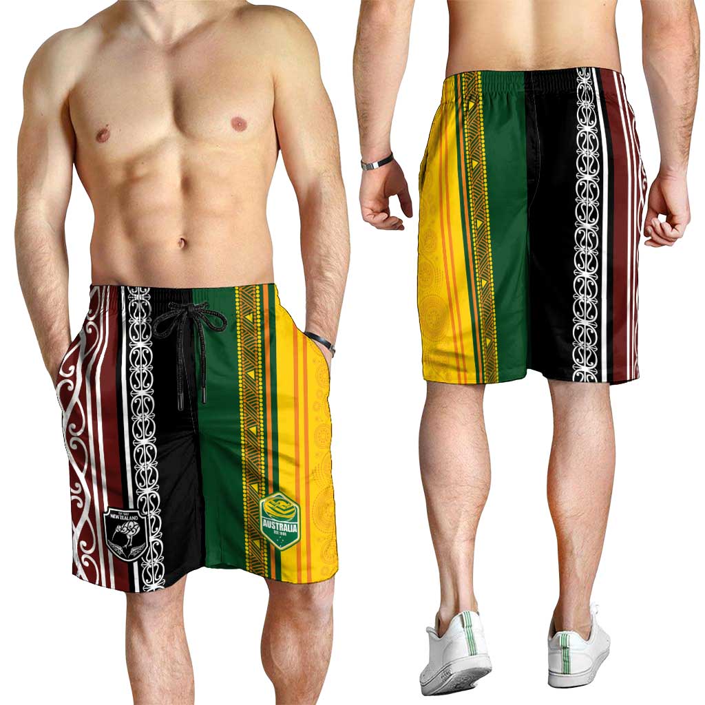 New Zealand and Australia Rugby Shorts for Men Burgundy Koru Geometric with Aboriginal Chevron Sport Style
