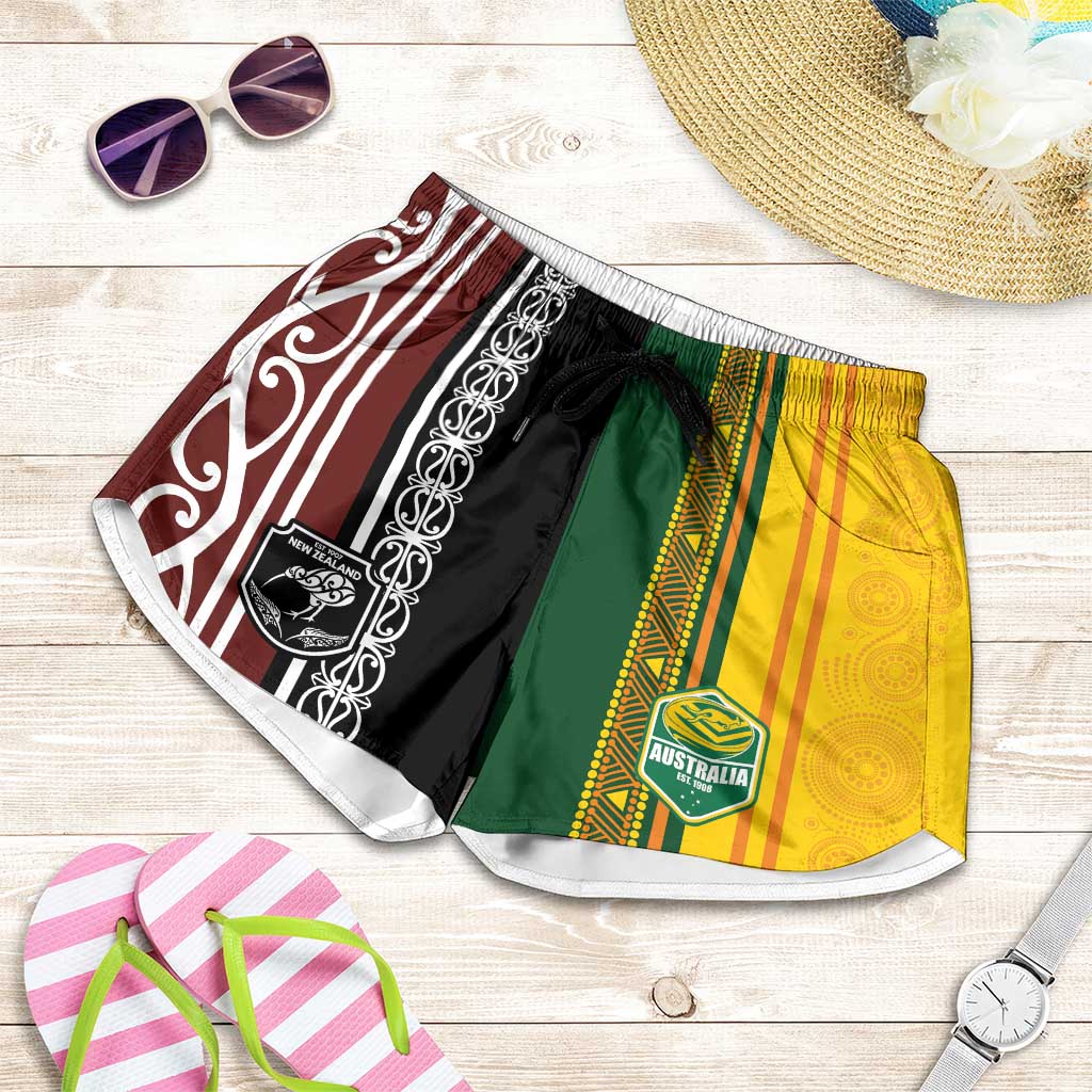 New Zealand and Australia Rugby Shorts for Women Burgundy Koru Geometric with Aboriginal Chevron Sport Style