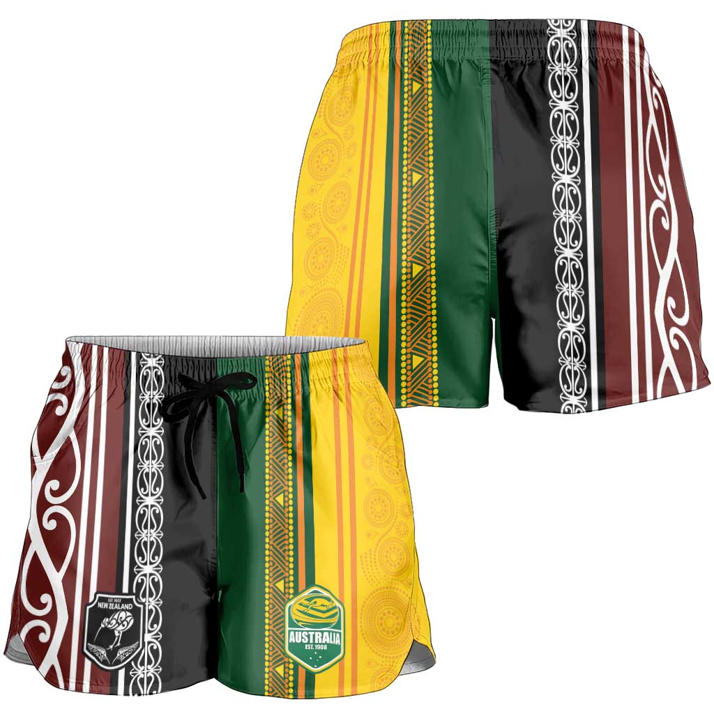 New Zealand and Australia Rugby Shorts for Women Burgundy Koru Geometric with Aboriginal Chevron Sport Style