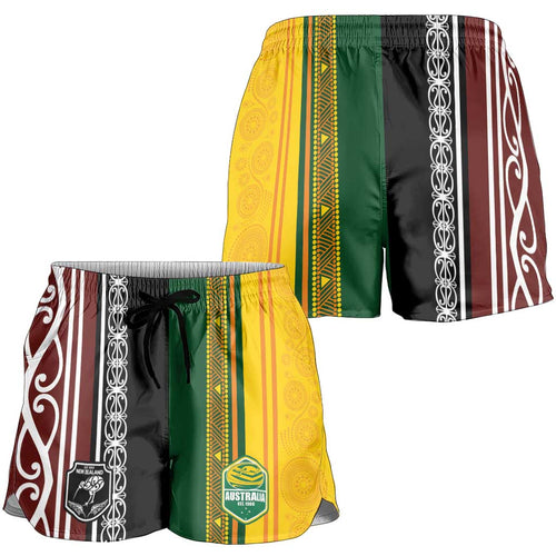 New Zealand and Australia Rugby Shorts for Women Burgundy Koru Geometric with Aboriginal Chevron Sport Style